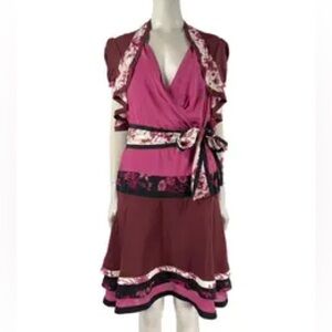 Authentic Y2K Gucci Wrap Dress Pink Burgundy Floral Silk Ruffle Knee Length 2000